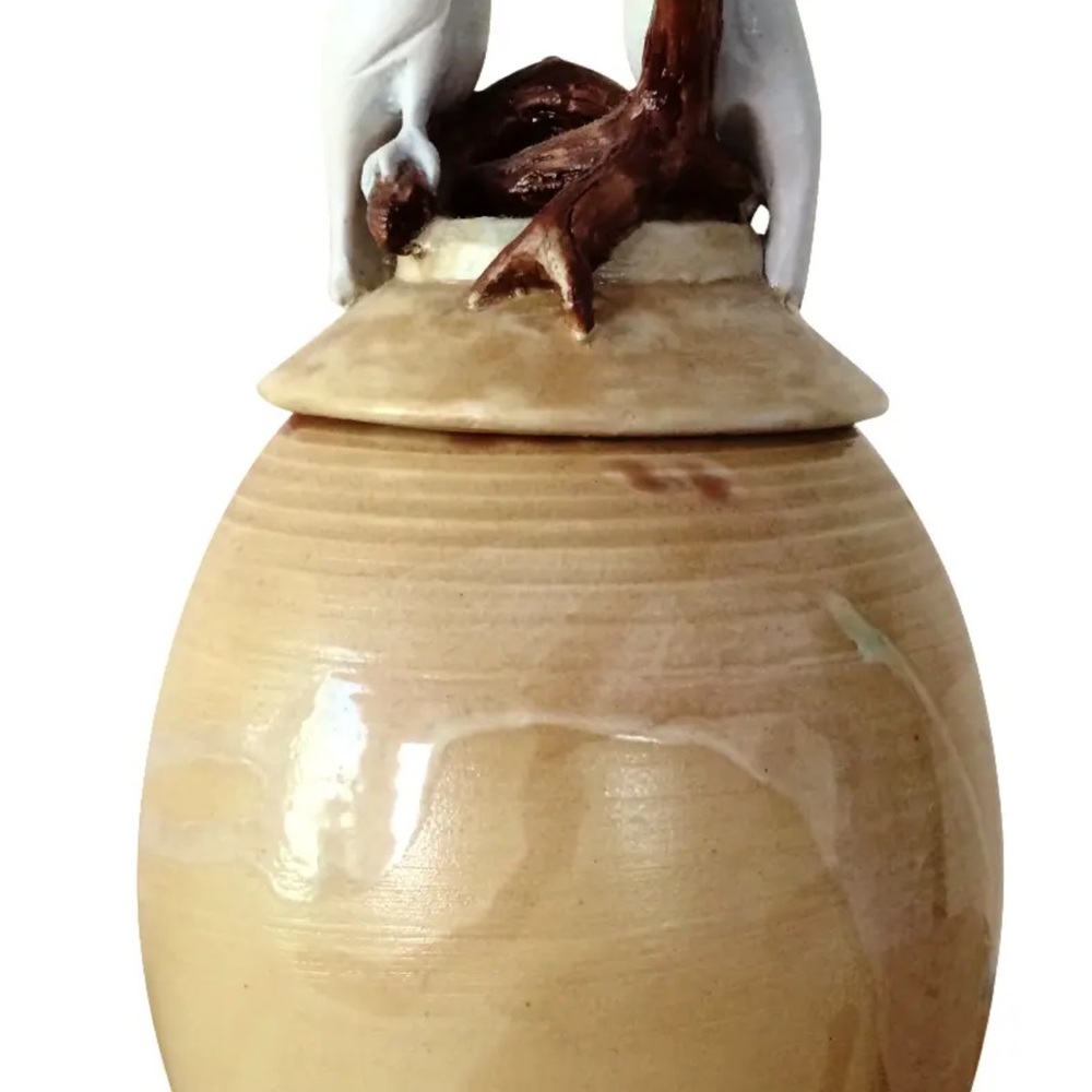 Vintage Handmade White Birds Pottery Urn/Vase/Vessel